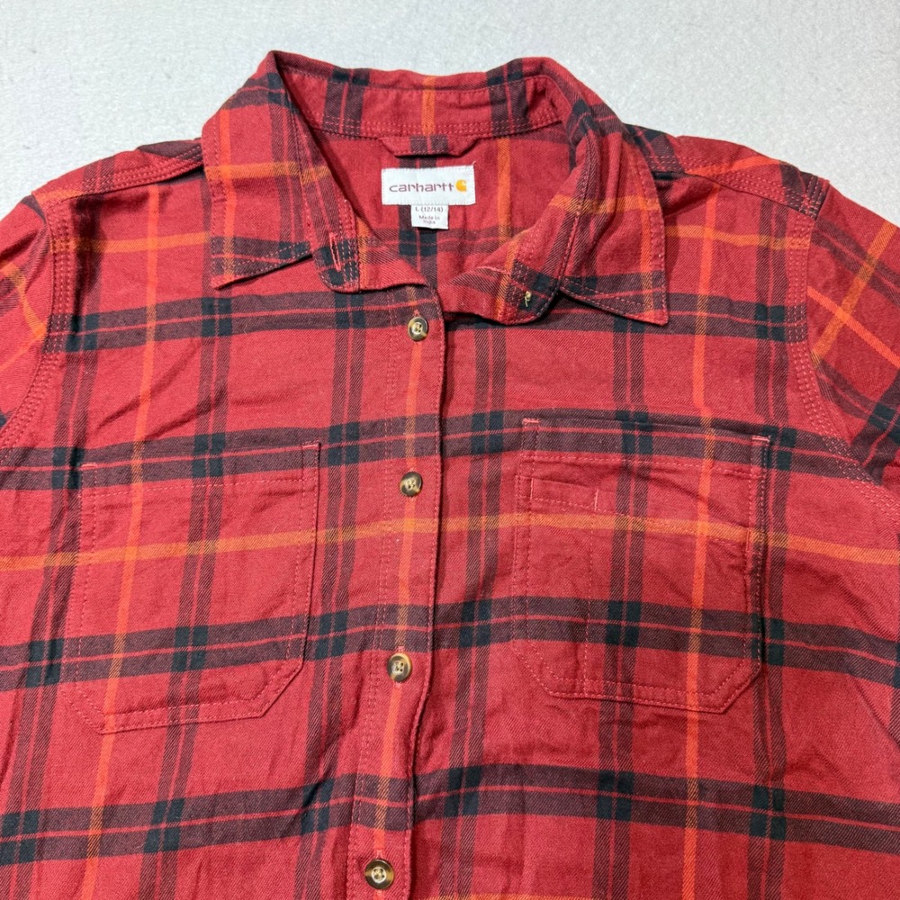 Carhartt Girls L 12 14 Red Black Plaid Flannel Shirt Button Up Pockets